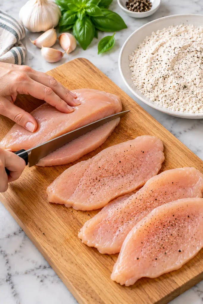 Marry Me Chicken: Creamy Sun-Dried Tomato Skillet Chicken 5 Slicing raw chicken breast into thin cutlets for marry me chicken