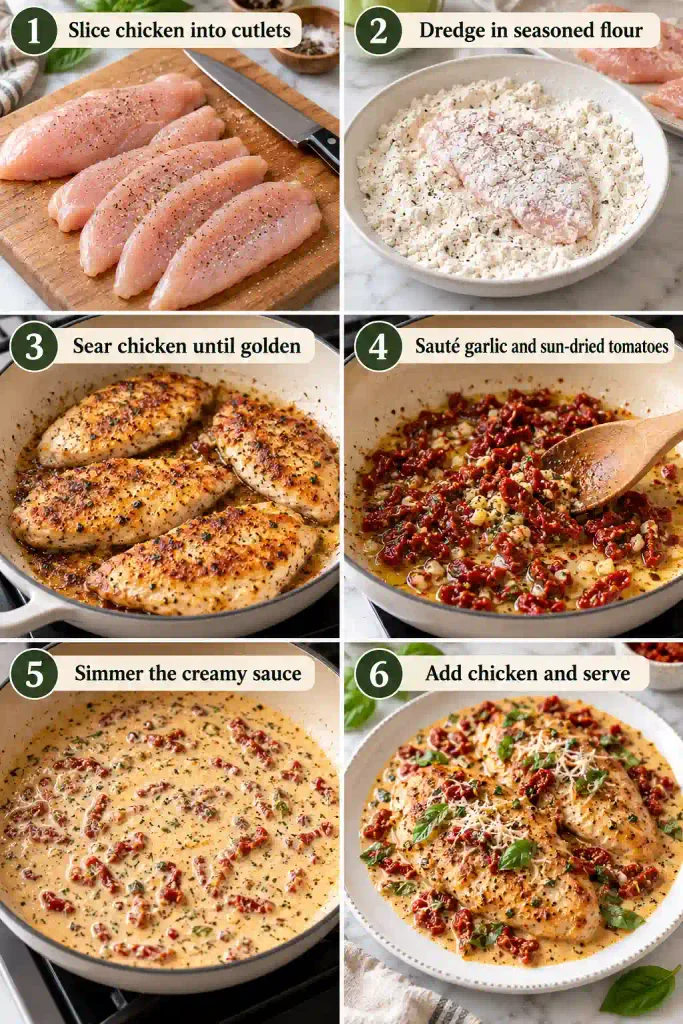Marry Me Chicken: Creamy Sun-Dried Tomato Skillet Chicken 4 Step by step collage showing how to make marry me chicken