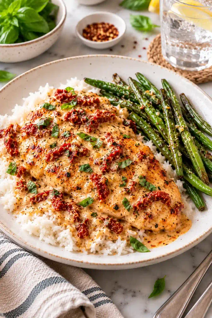 Marry Me Chicken: Creamy Sun-Dried Tomato Skillet Chicken 10 Marry me chicken served over rice with green beans on a plate