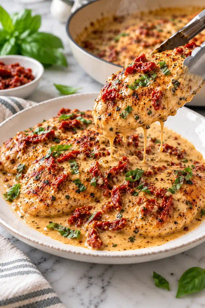 Marry Me Chicken: Creamy Sun-Dried Tomato Skillet Chicken 8 Plating creamy marry me chicken with fresh basil on white plate