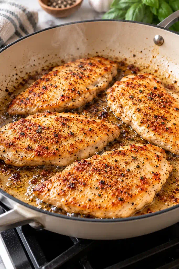 Marry Me Chicken: Creamy Sun-Dried Tomato Skillet Chicken 6 Chicken cutlets searing golden brown in a skillet for marry me chicken