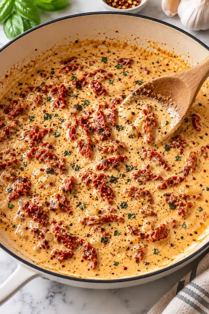 Marry Me Chicken: Creamy Sun-Dried Tomato Skillet Chicken 7 Creamy sun-dried tomato sauce simmering for marry me chicken