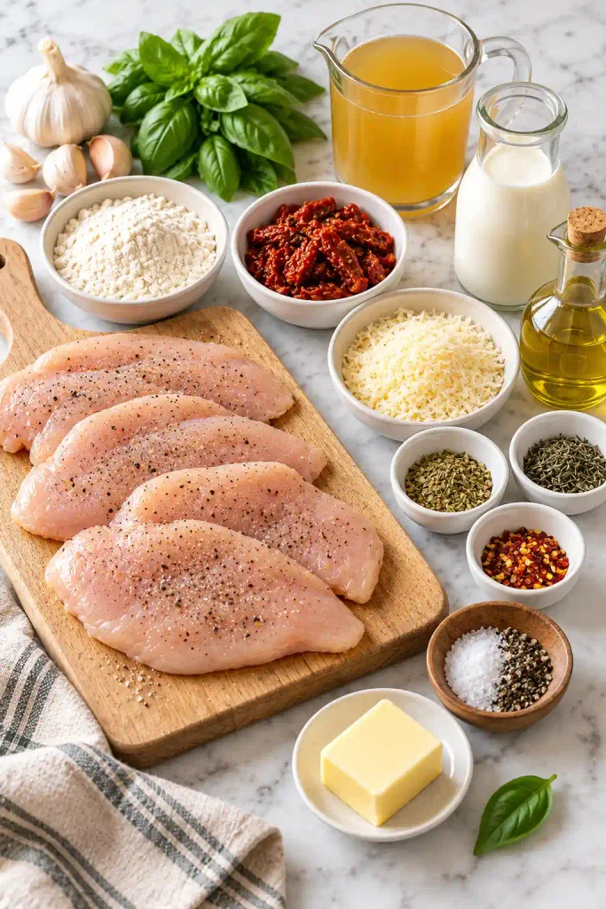 Marry Me Chicken: Creamy Sun-Dried Tomato Skillet Chicken 3 Ingredients for marry me chicken laid out on a white marble surface